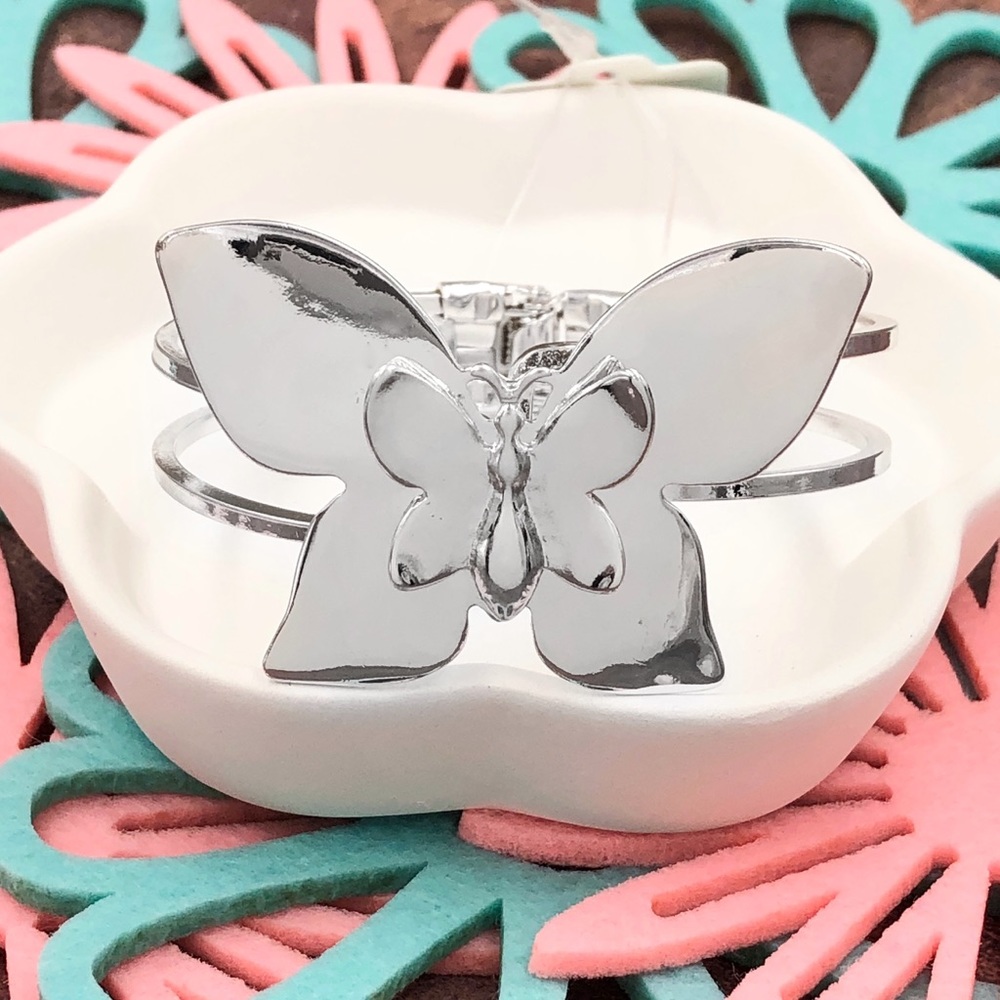 Large Double Butterfly Hinged Silver Bangle Bracelet